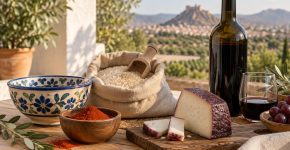 Queso al vino, arroz, pimentón, una botella sin etiqueta y un cuenco de cerámica sobre una mesa.