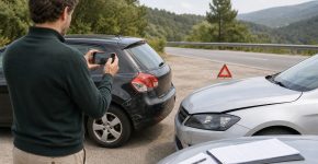 Conductor fotografiando los daños de dos coches tras un choque leve junto a documentos