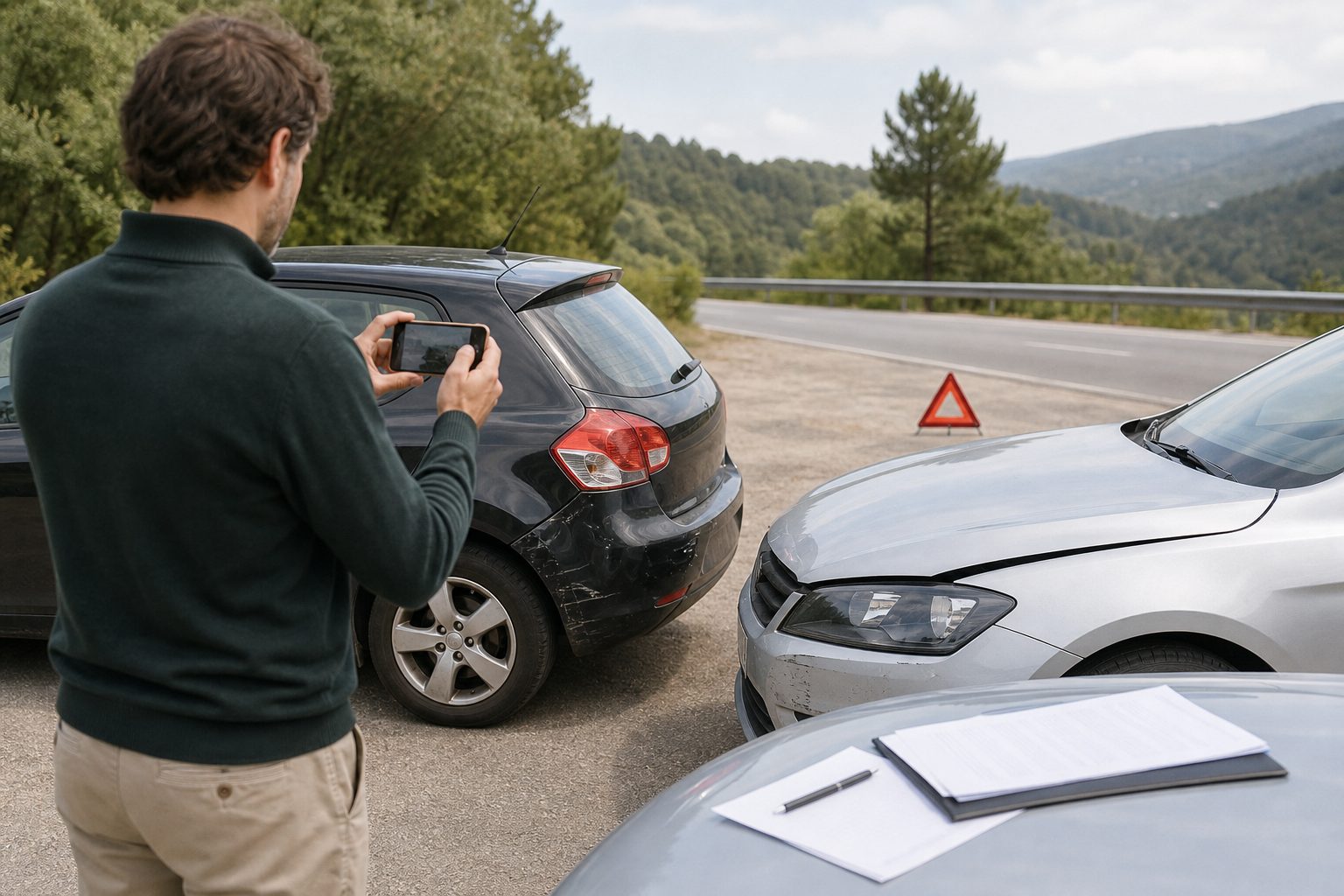 Conductor fotografiando los daños de dos coches tras un choque leve junto a documentos