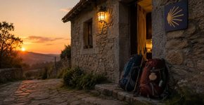 Alojamiento de piedra junto al Camino Portugués al atardecer