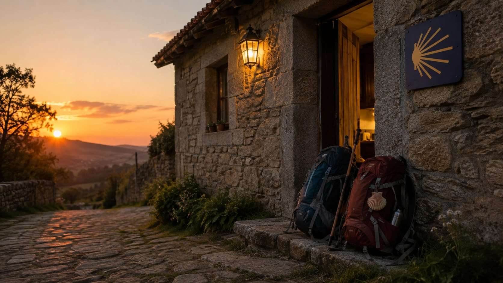 Alojamiento de piedra junto al Camino Portugués al atardecer