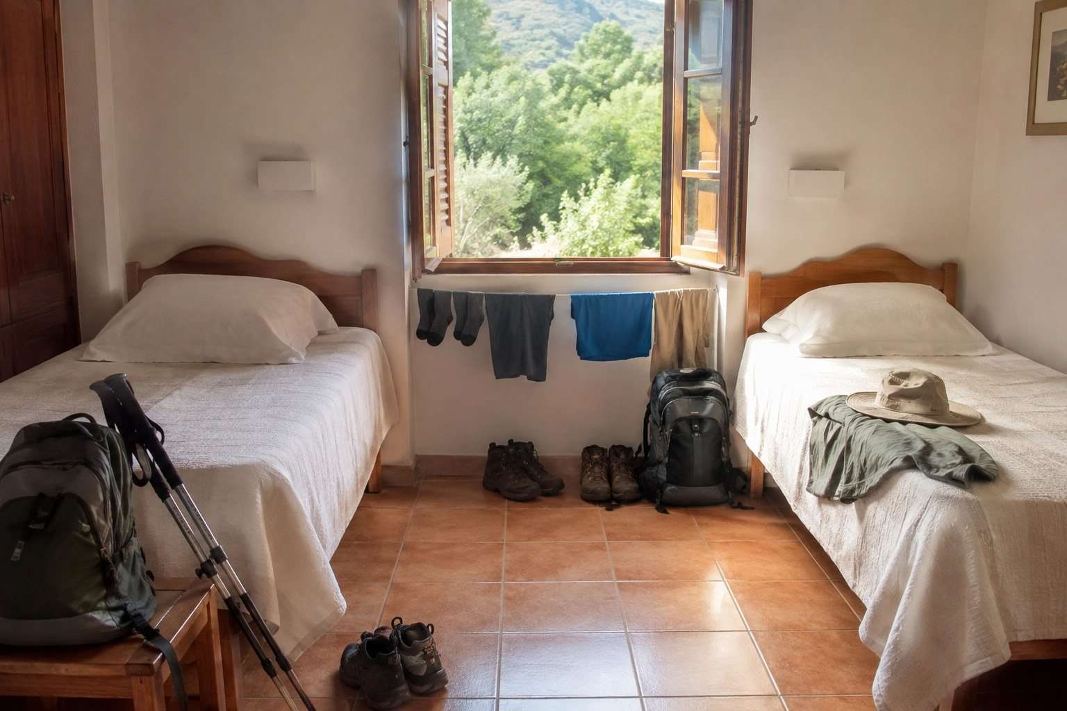 Habitación sencilla para peregrinos con dos camas y ropa de ruta secándose