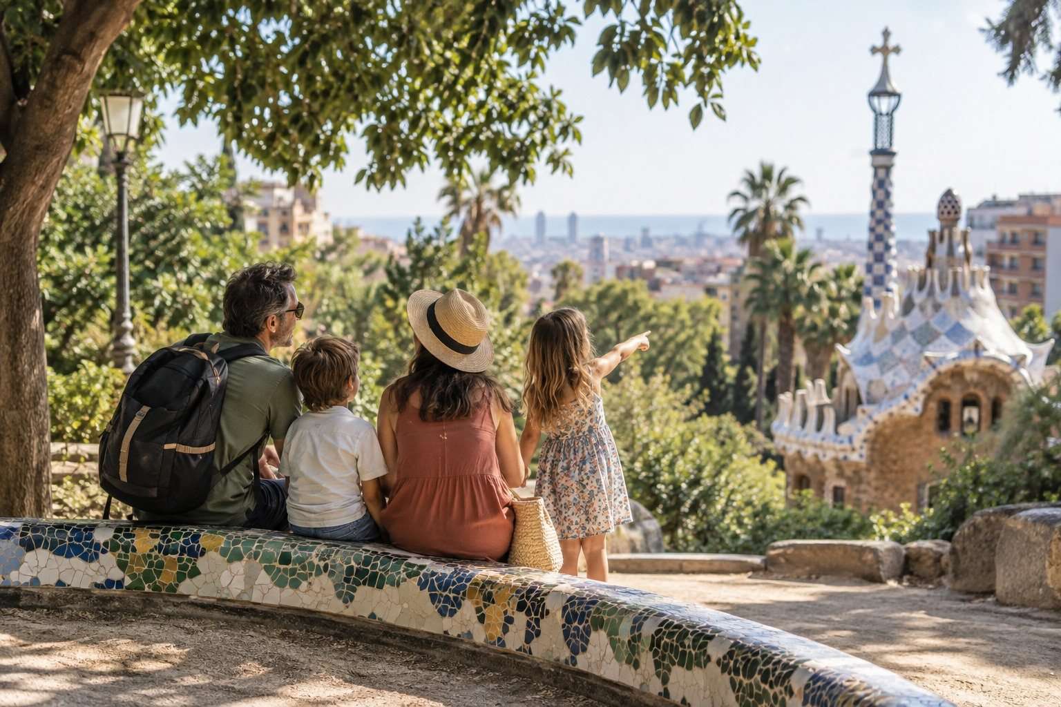 Barcelona con niños: cómo preparar un viaje familiar sin agotarse — Imagen 1 Familia descansando en un parque de Barcelona durante una visita