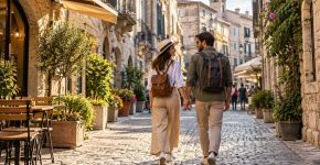 Viajeros recorren a pie una ciudad histórica europea