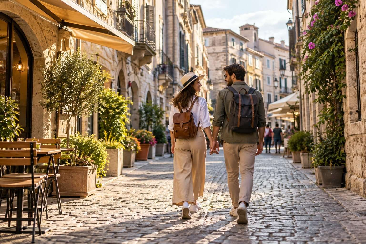 Viajeros recorren a pie una ciudad histórica europea