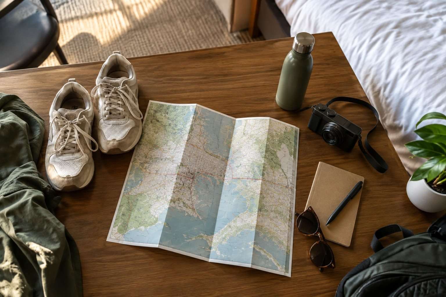 Objetos prácticos preparados para una escapada urbana de fin de semana