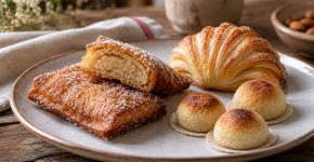Fardelejos rectangulares con relleno de almendra visible, mazapanes sobre oblea y un hojaldre con forma de concha.