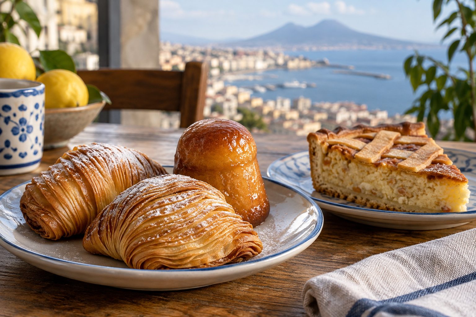 Pasteles de masa laminada, un babà brillante y una porción de pastiera con enrejado, con la bahía de Nápoles al fondo.